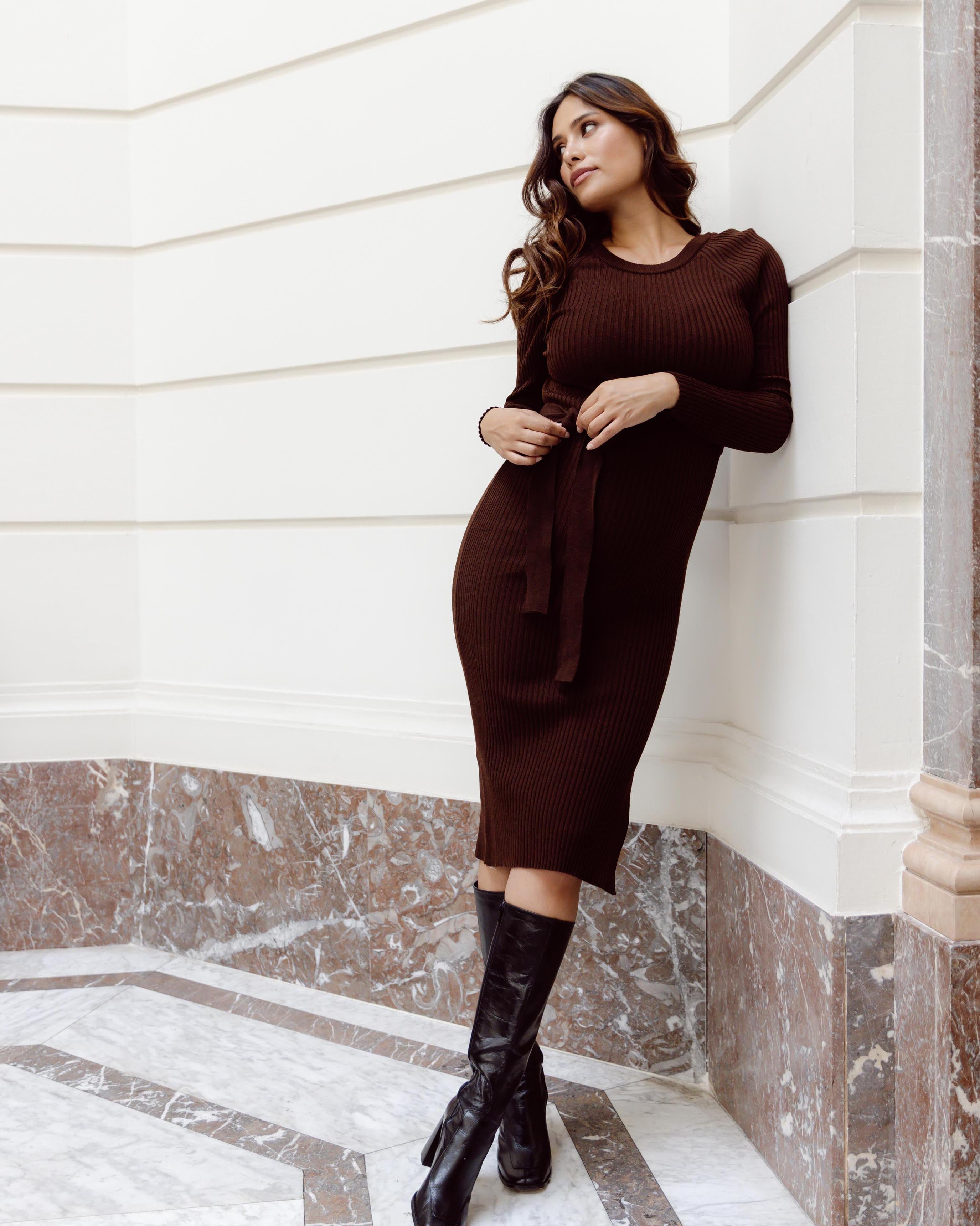 love2wait-dress-knit-belt-long-sleeves-brown image 3