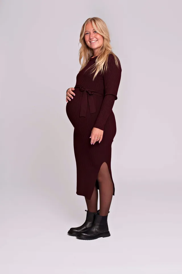 love2wait-dress-knit-belt-long-sleeves-gebreites-umstandskleid-in-burgundy-mit-c image 1