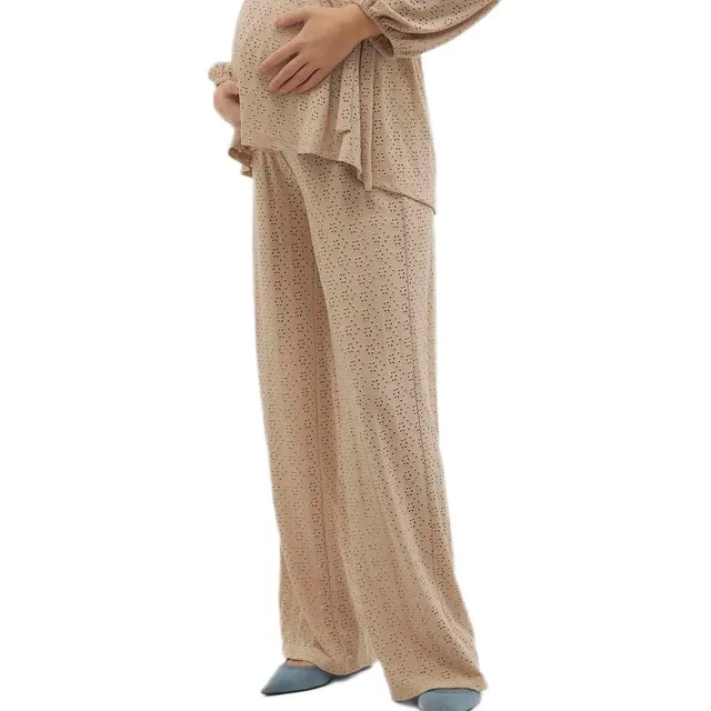 mamalicious-mangie-damenhose-beige-umstandshose-mit-weitem-bein-st-tzband-und-el image 1