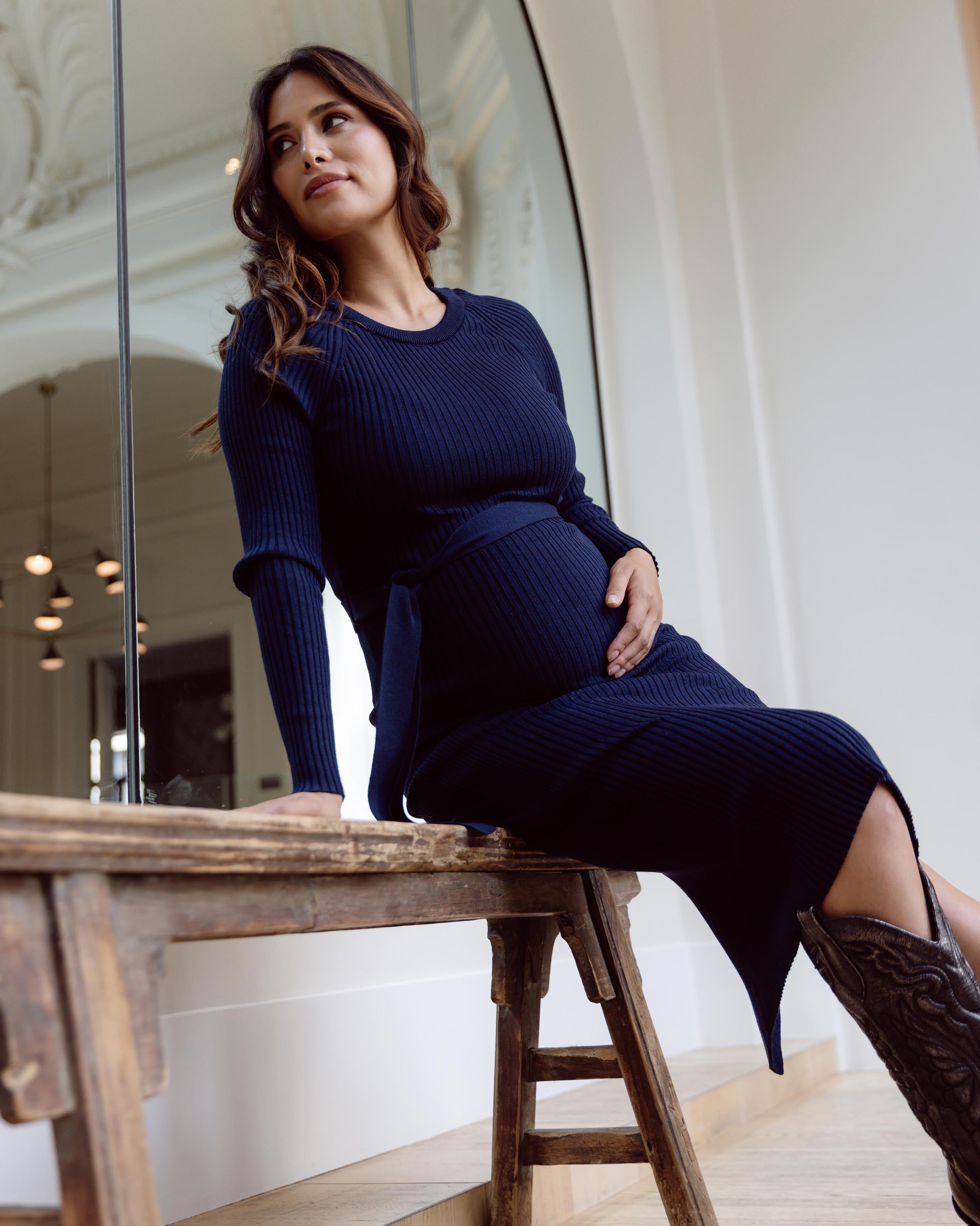 love2wait-umstandskleid-strick-langarm-mit-g-rtel-navy-blau image 2