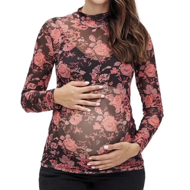 mamalicious-sharon-damen-top-schwarz-rot-rundhals-langarm-transparenter-bedruckt image 1
