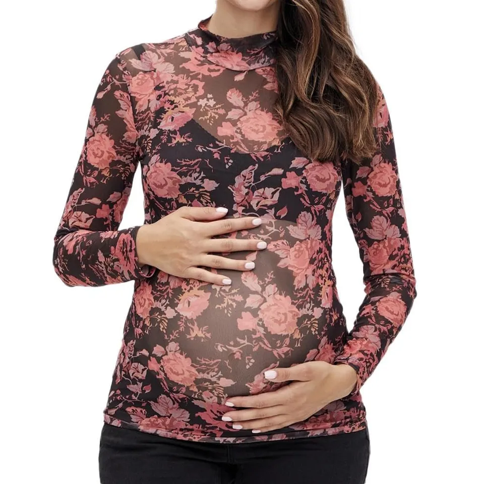 mamalicious-sharon-damen-top-schwarz-rot-rundhals-langarm-transparenter-bedruckt image 1