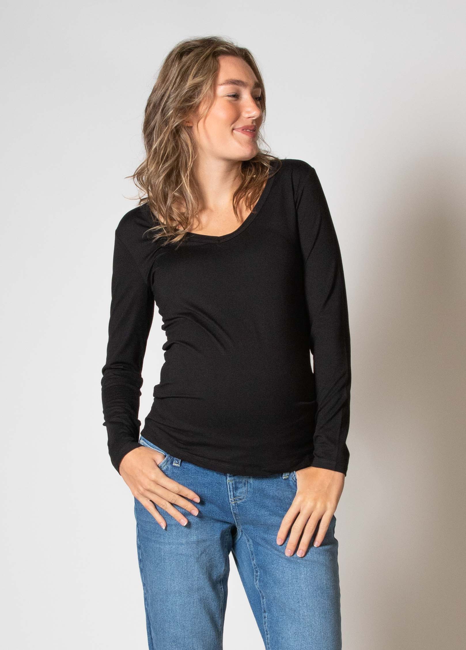 love2wait-shirt-v-neck-l-sl-ecovero-schwarzes-langarmshirt-mit-v-ausschnitt image 1